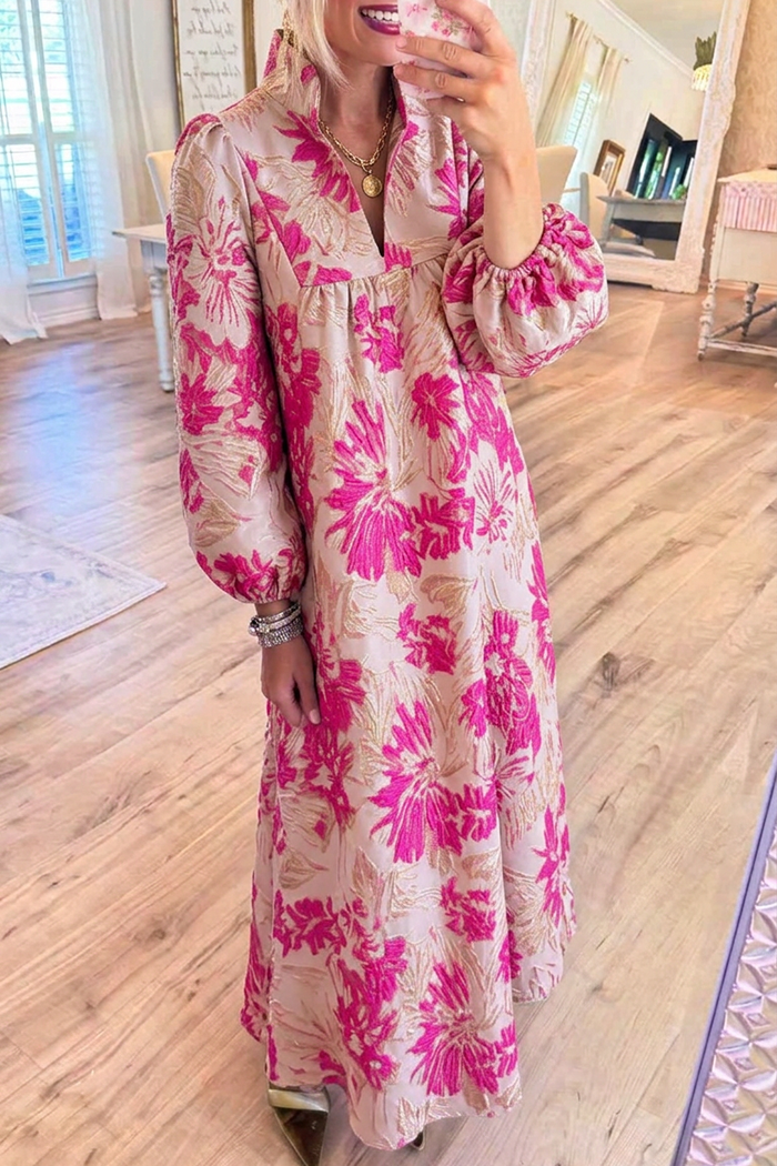 Pink Floral Jacquard Pockets Maxi Dress
