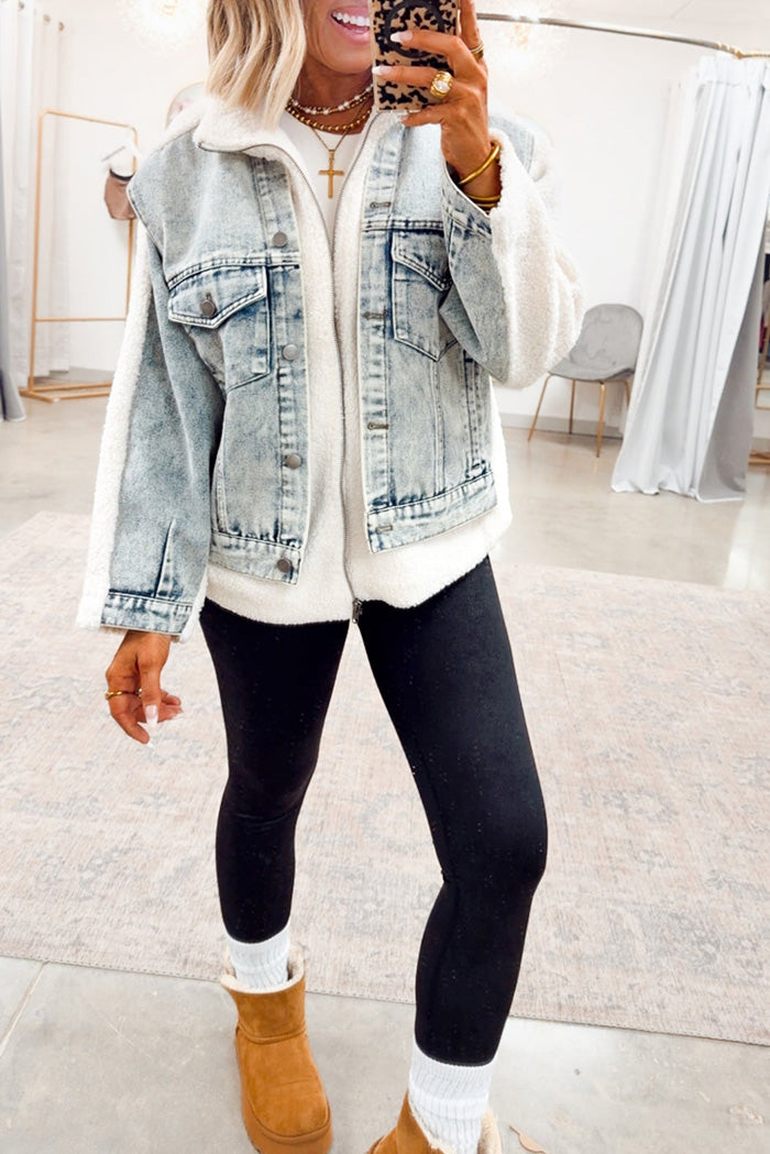 Pocketed Denim Panel Teddy Mixed Jacket