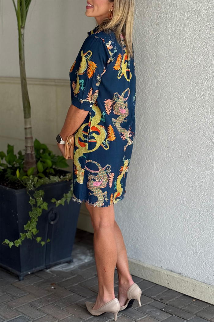 Bold Dragon Motif Navy Mini Dress