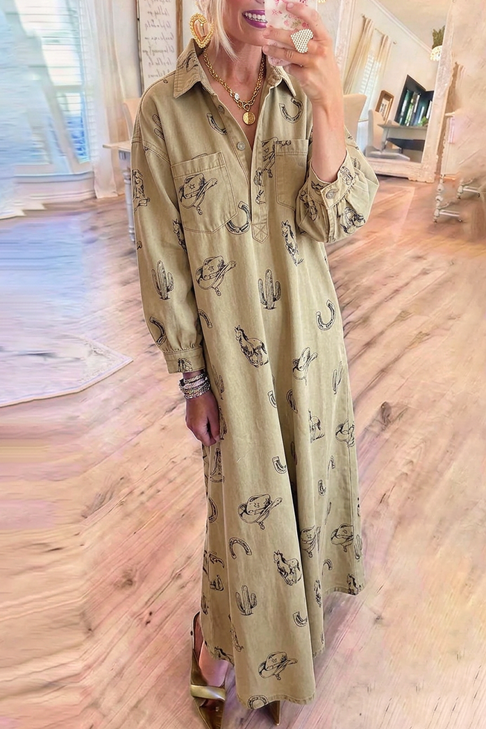 Khaki Denim Collared Long Sleeve Western Maxi Dress