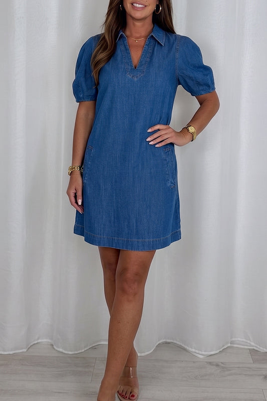 Denim Puff Sleeve Pocket Dress