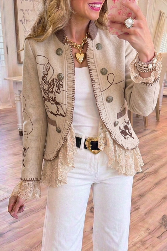 Beige Western Cowboy Horse Motif Ruffle Lace Hem Jacket