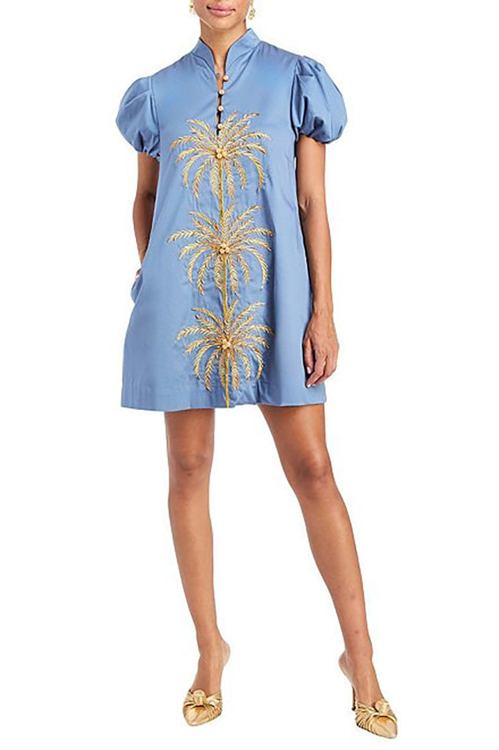 Puff Sleeve Buttoned Gold Palm Dress