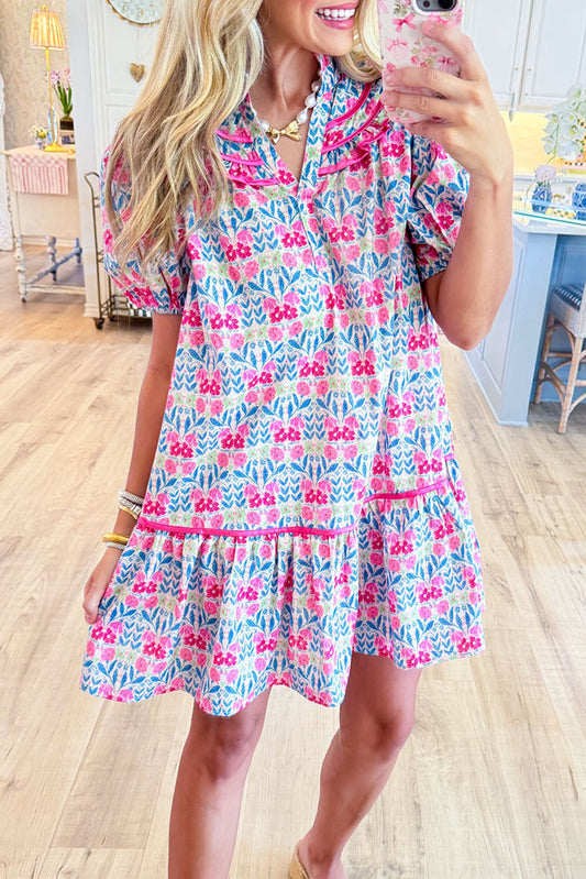 Floral Scallop Trim Suff Sleeves Dress