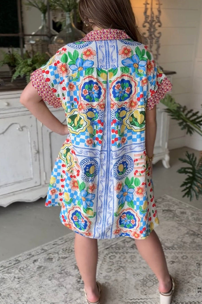 Vibrant Floral Collared Short Sleeve Dress