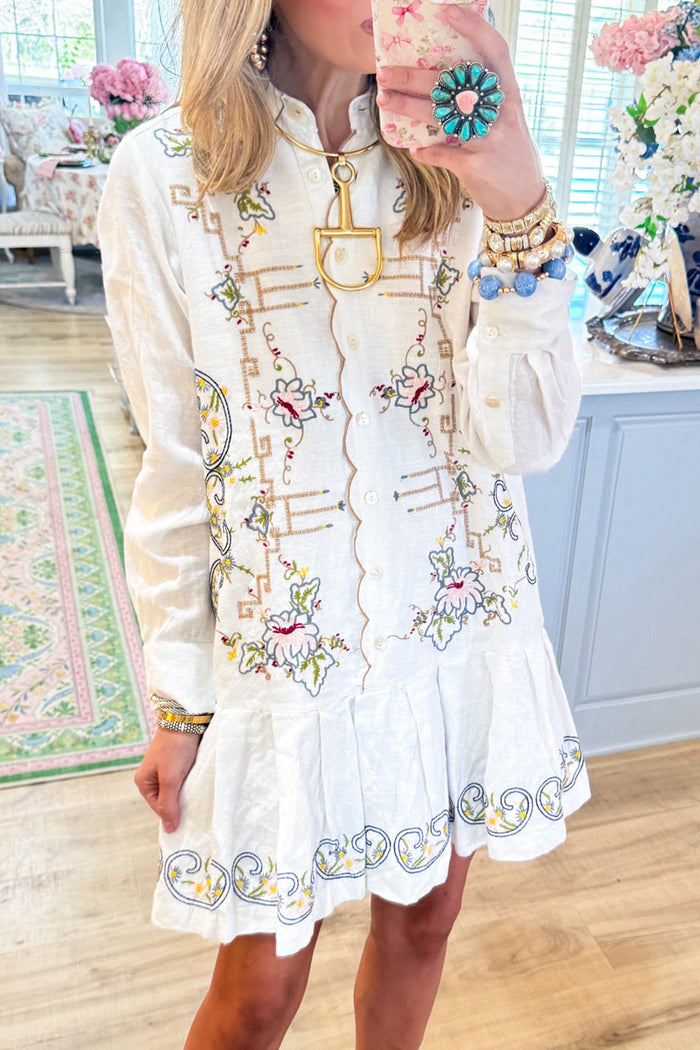 White Long Sleeve Ruffle Hem Midi Dress
