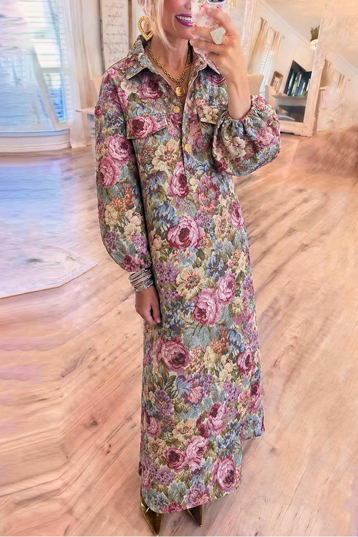 Multi Rose Pocket Balloon Sleeve Maxi Dress