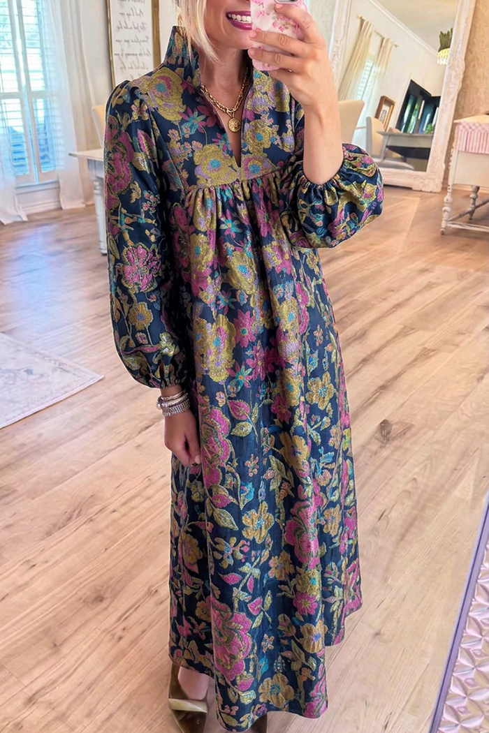 Floral Jacquard Stand Collar Balloon Sleeves Pockets Maxi Dress
