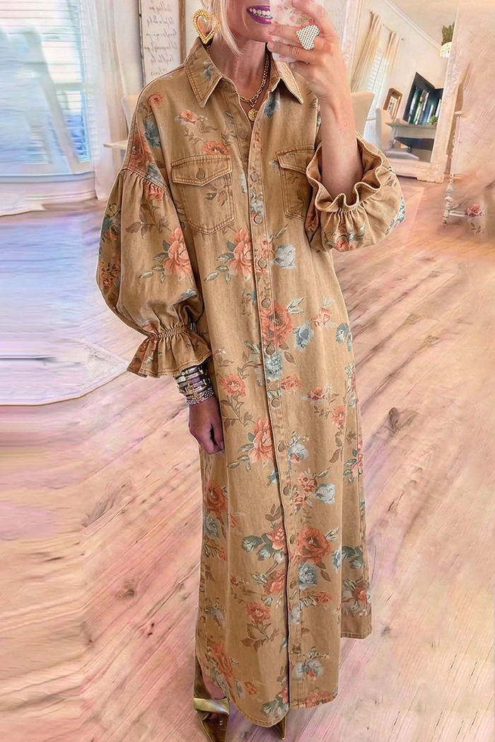 Tan Denim Collared Floral Balloon Ruffle Cuff Maxi Dress