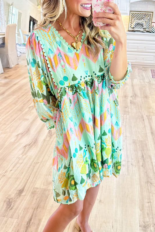 Print Scallop Trim Pocket Dress