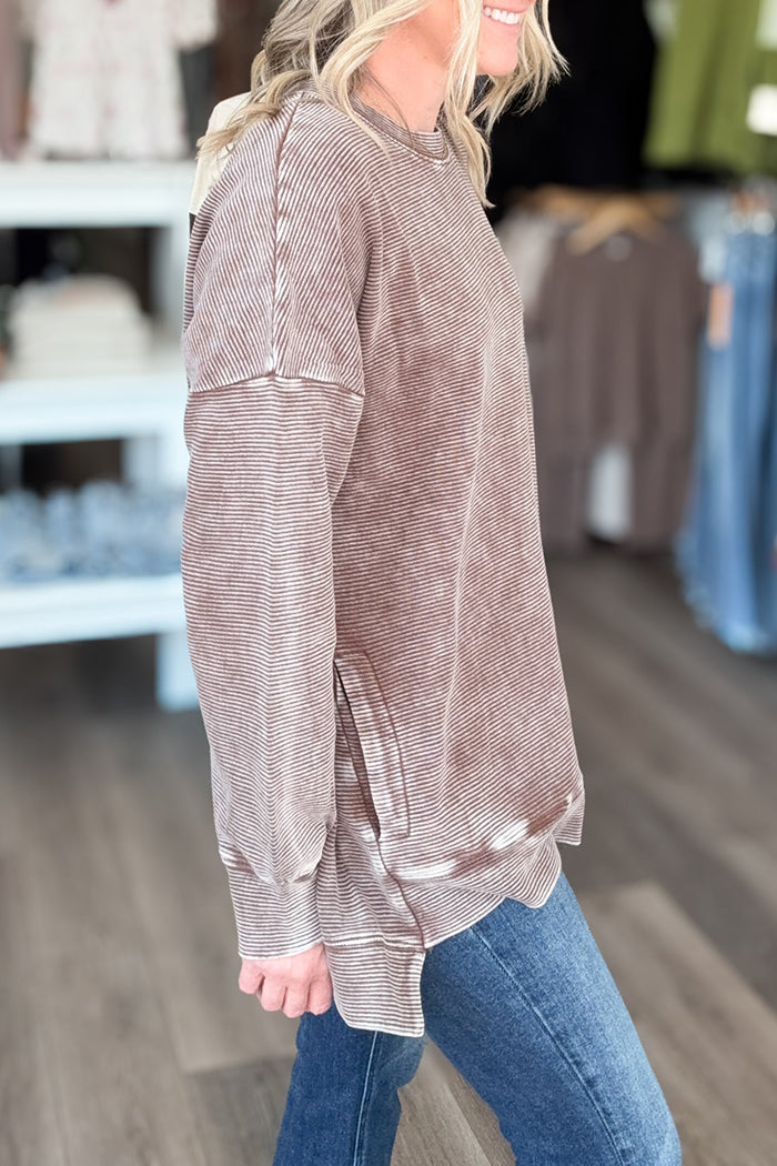 Casual Washed Ribbed Long Sleeved Hi Low Pullover Sweatshirt