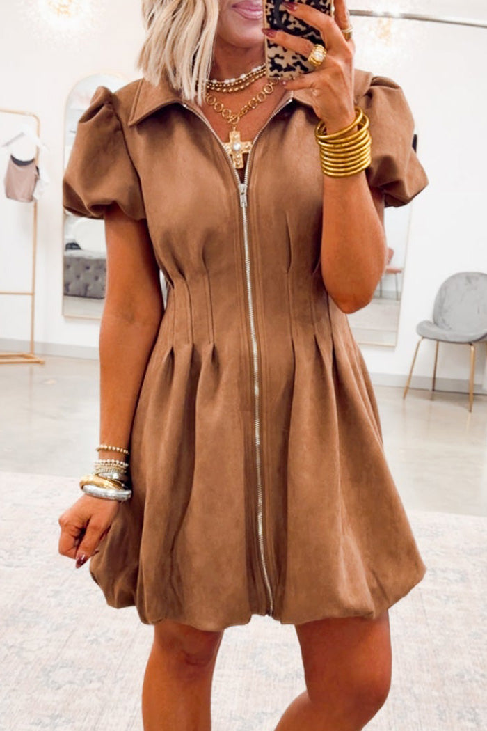Zip Front Puff Sleeve Mini Dress