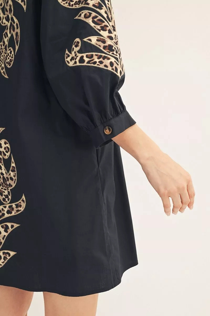 Ruffled Neck Leopard Applique Dress