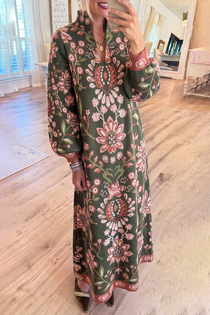 Floral Jacquard Knit Stand Collar Bubble Cuff Sleeve Maxi Dress