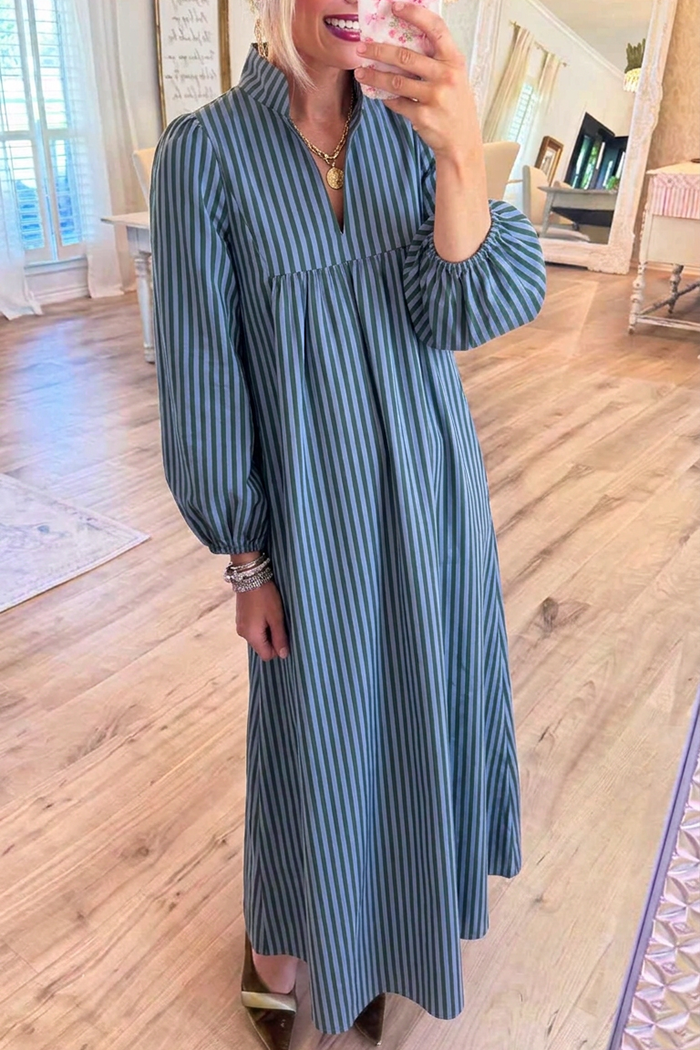 Striped Stand Collar Balloon Sleeves Maxi Dress