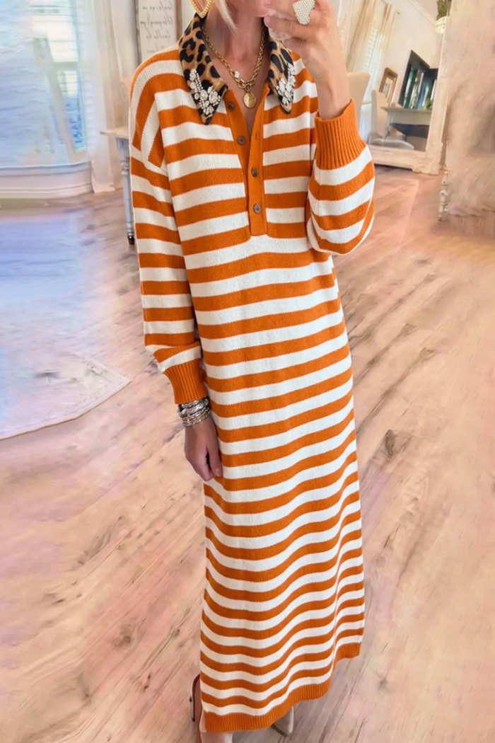 Orange White Stripe Leopard Collar Knit Maxi Dress