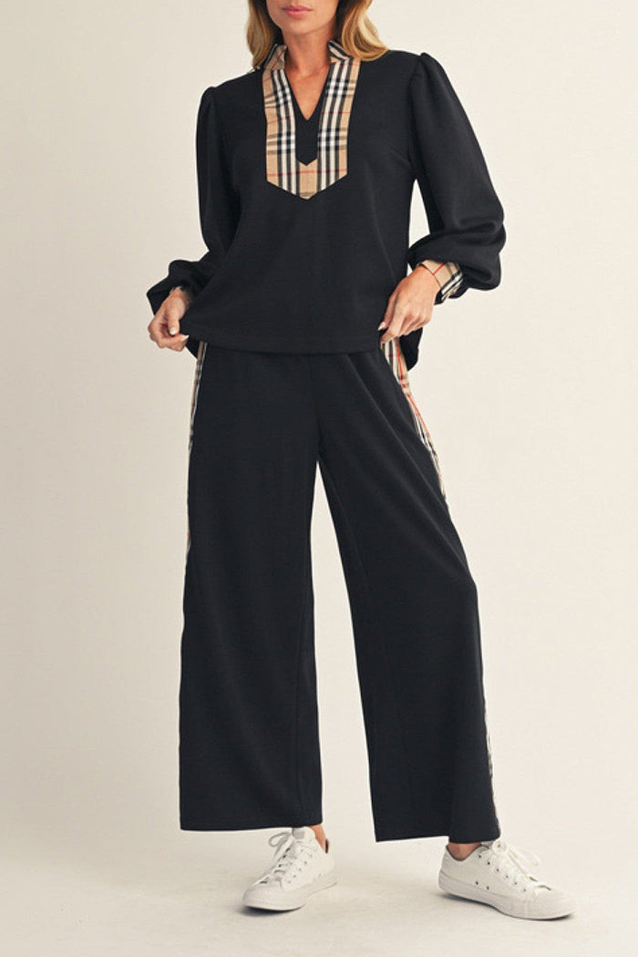 Plaid Contrast Accent Long Puff Sleeve Top