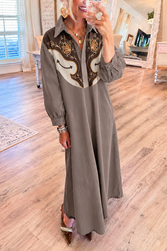Vintage Inspired Yoke Print Pocket Denim Maxi Dress