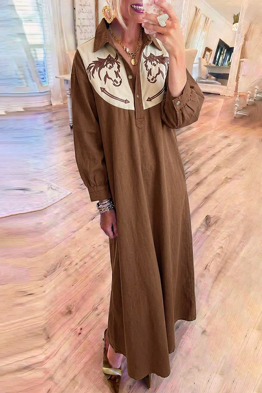 Brown Denim Collared Long Sleeve Horse Maxi Dress