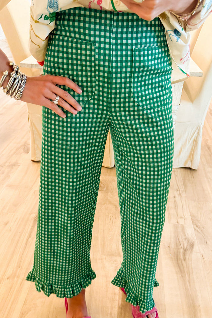 Green Gingham Ruffle Hem Pants