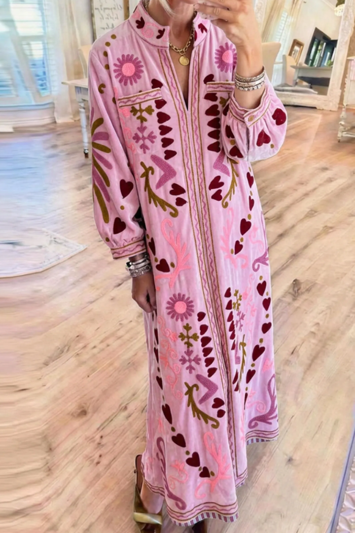 Floral Embroidered Stand Collar Pocket Maxi Dress