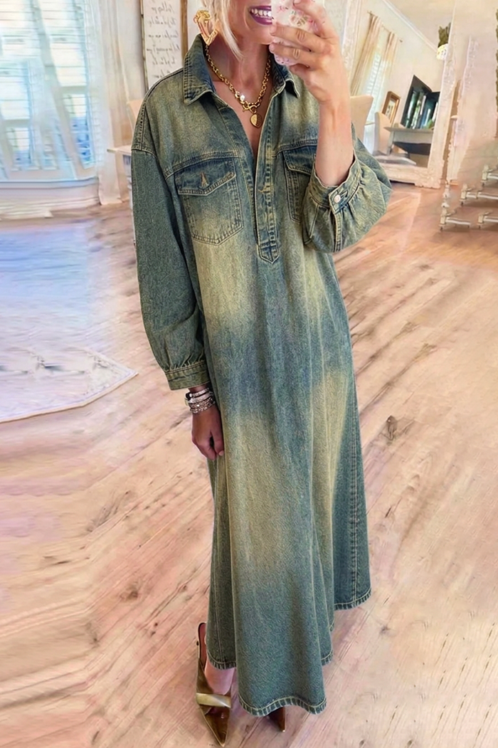 Vintage Faded Wash Pockets Denim Maxi Dress