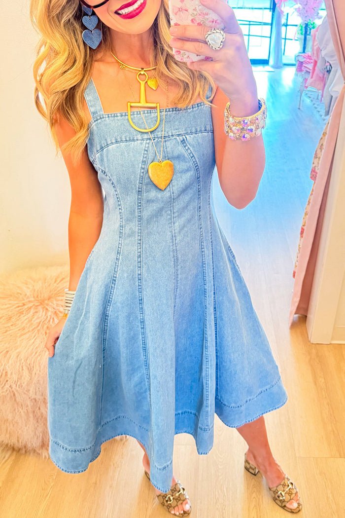 Wide Strap Fit Flare Denim Dress