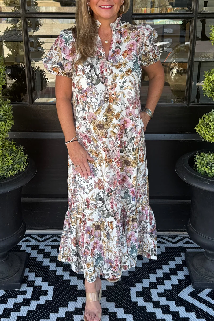 Ecru Puff Short Sleeve Multi Floral Dress