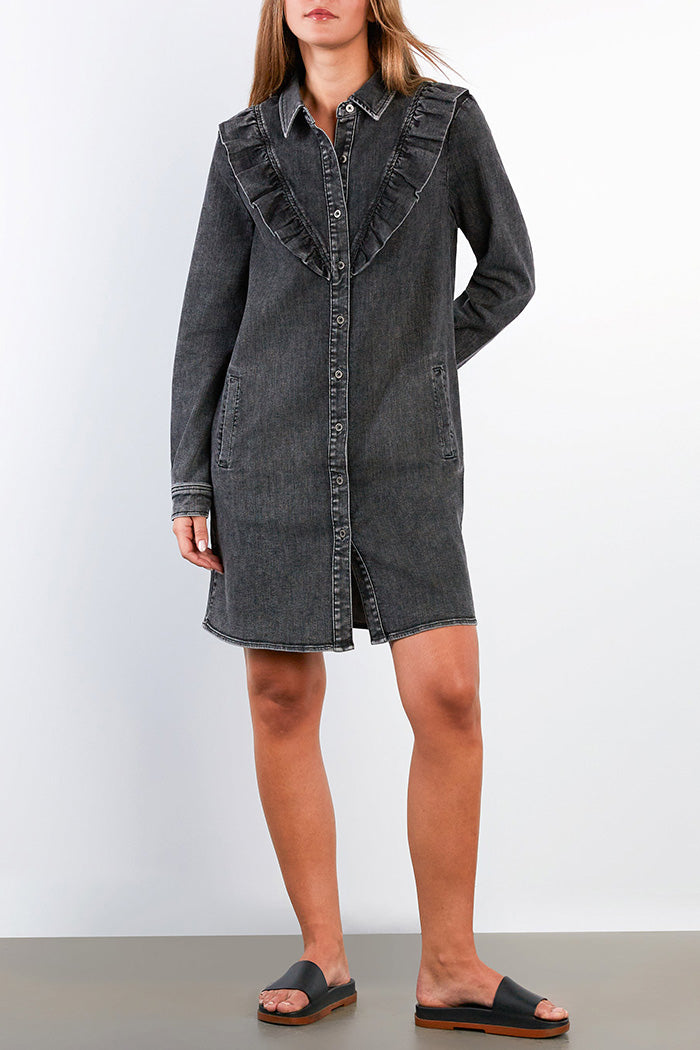 Pocketed Ruffle Trim Denim Shirt Dress