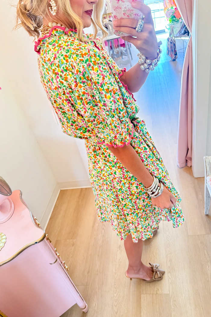 Ditsy Floral Cactus Embroidered Ruffle Collar Dress
