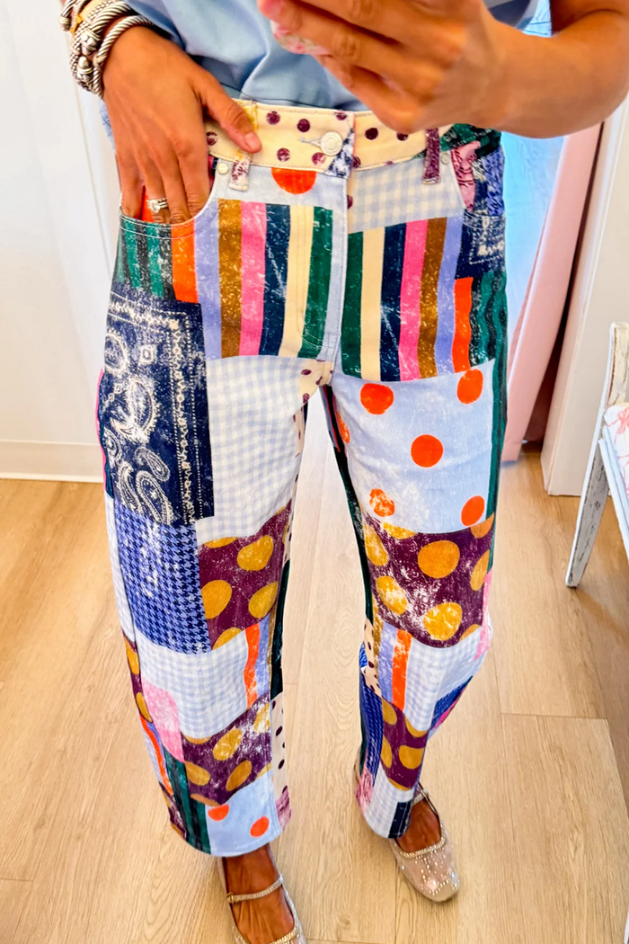 Multicolor Patchwork Barrel Cropped Jeans