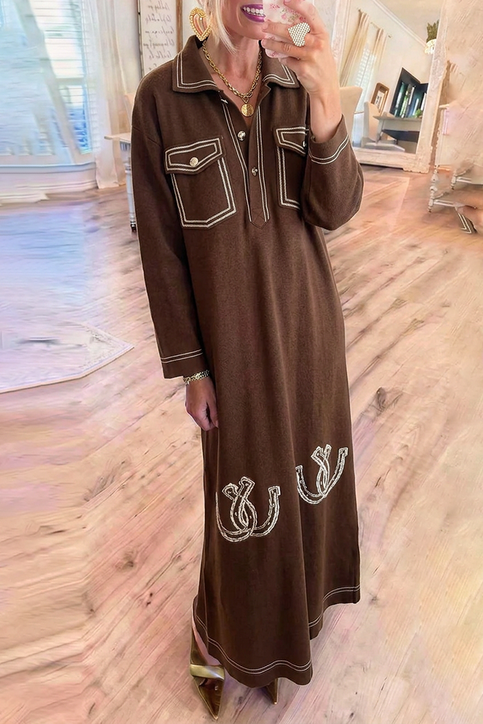Brown Embroidery Contrast Stitching Chest Pockets Knit Maxi Dress