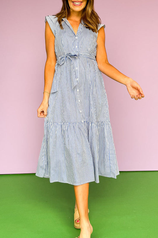 Striped Tie Button Pocket Dress