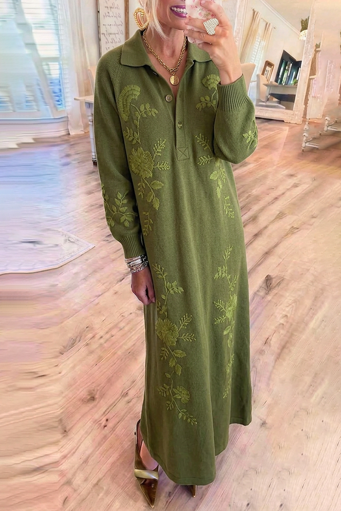 Olive Green Knit Collared Floral Embroidery Maxi Dress
