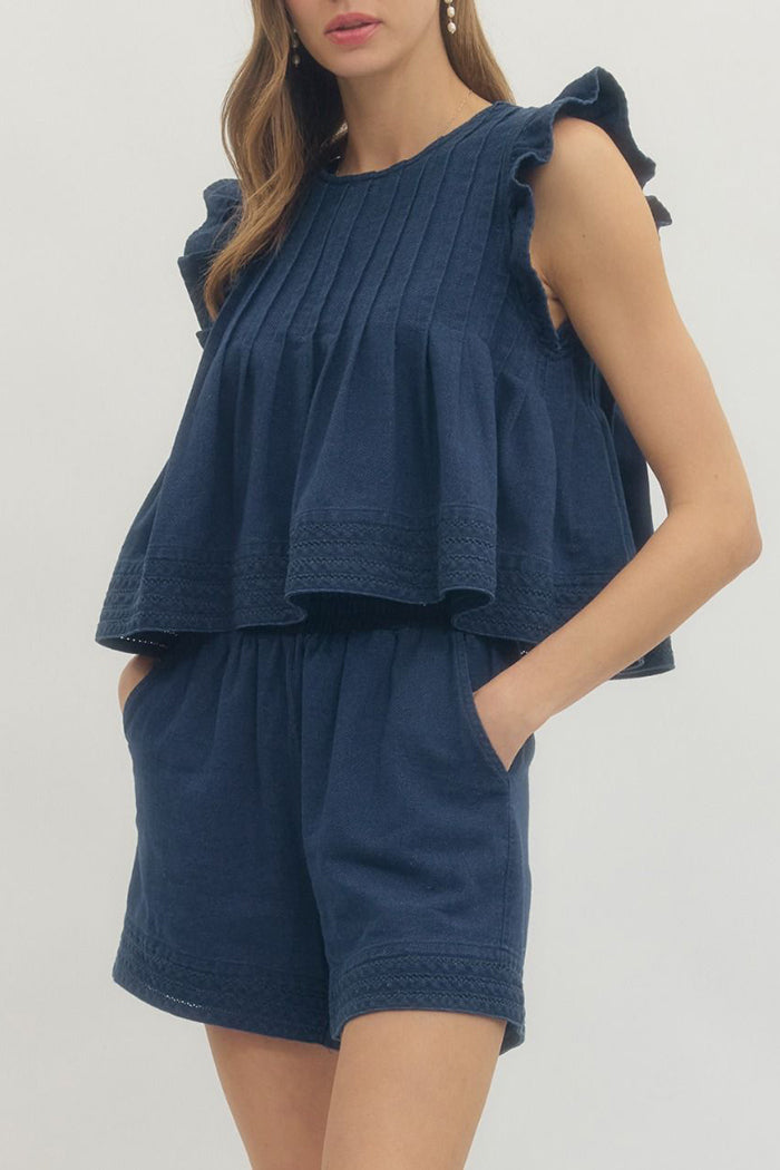 Ruffle Sleeve Pleated Denim Set