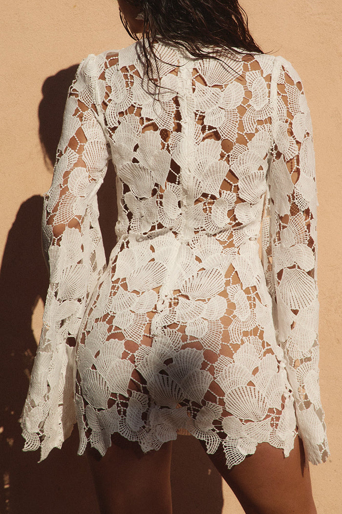 Floral Cutout High Neck Long Bell Sleeve Mini Dress
