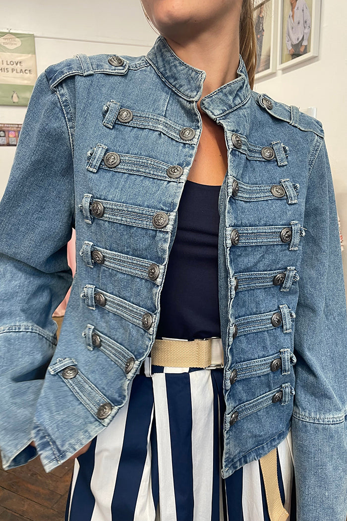 Epaulette Flare Cuff Military Denim Jacket