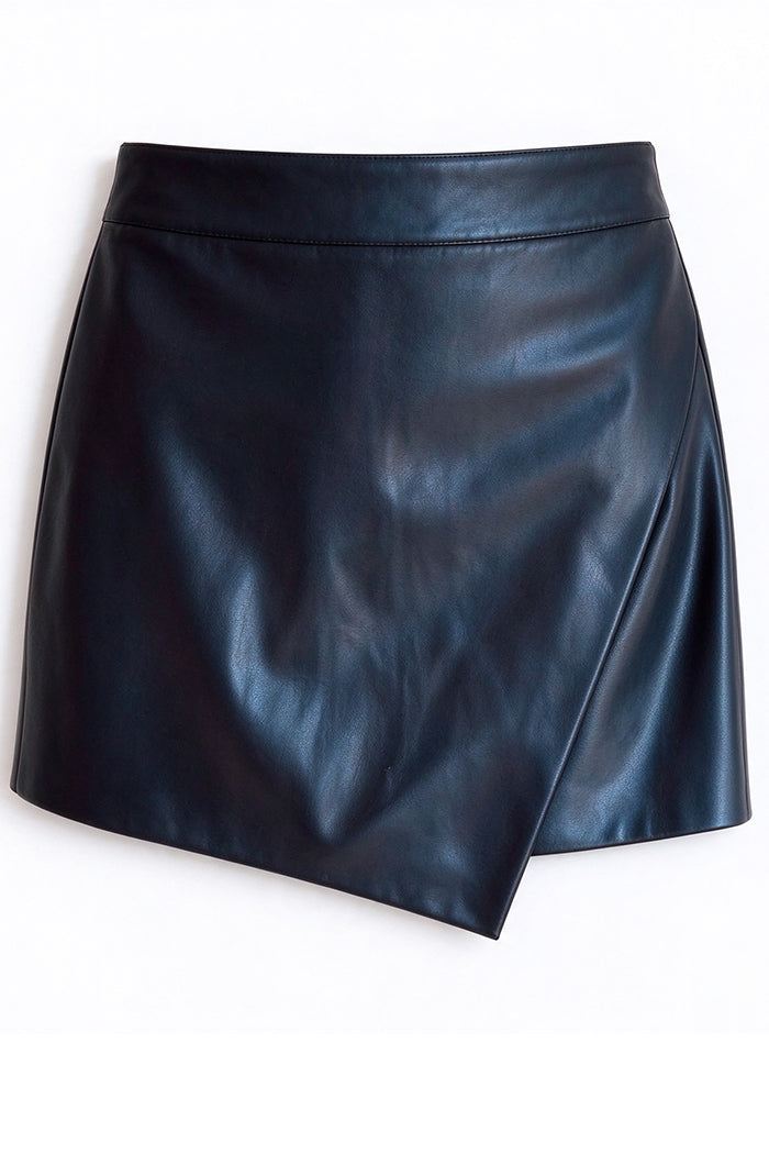Black Faux Leather Wrap Skirt