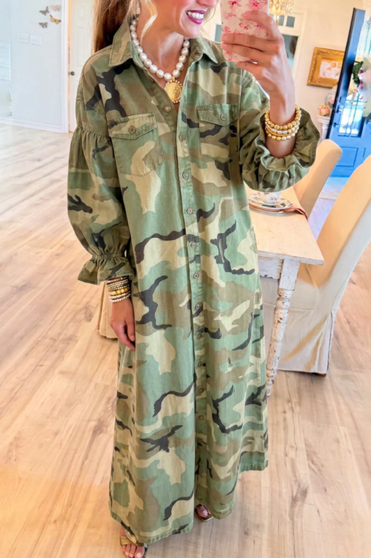 Collared Button Front Elastic Cuff Camo Maxi Dress