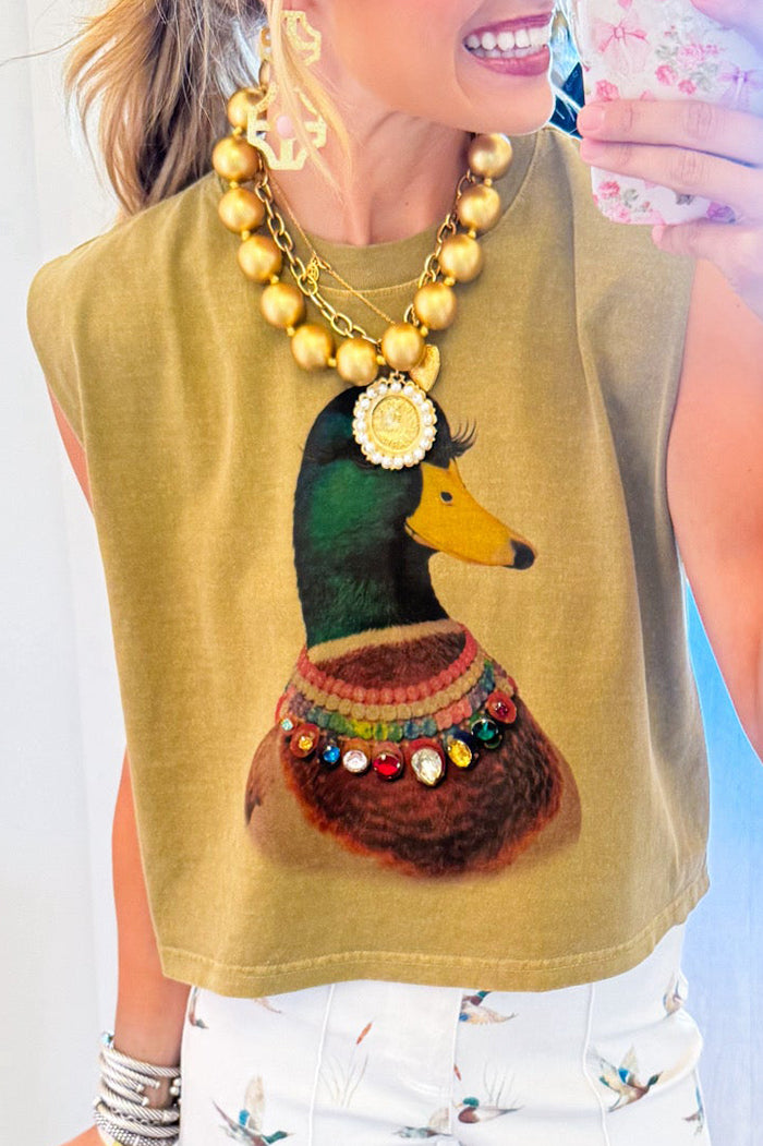 Olive Duck Print Rhinestone Muscle Tee
