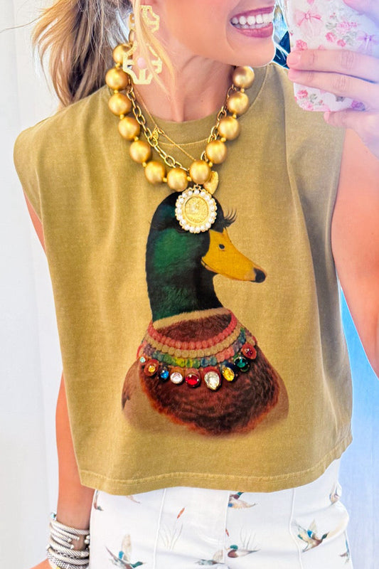 Olive Duck Print Rhinestone Muscle Tee