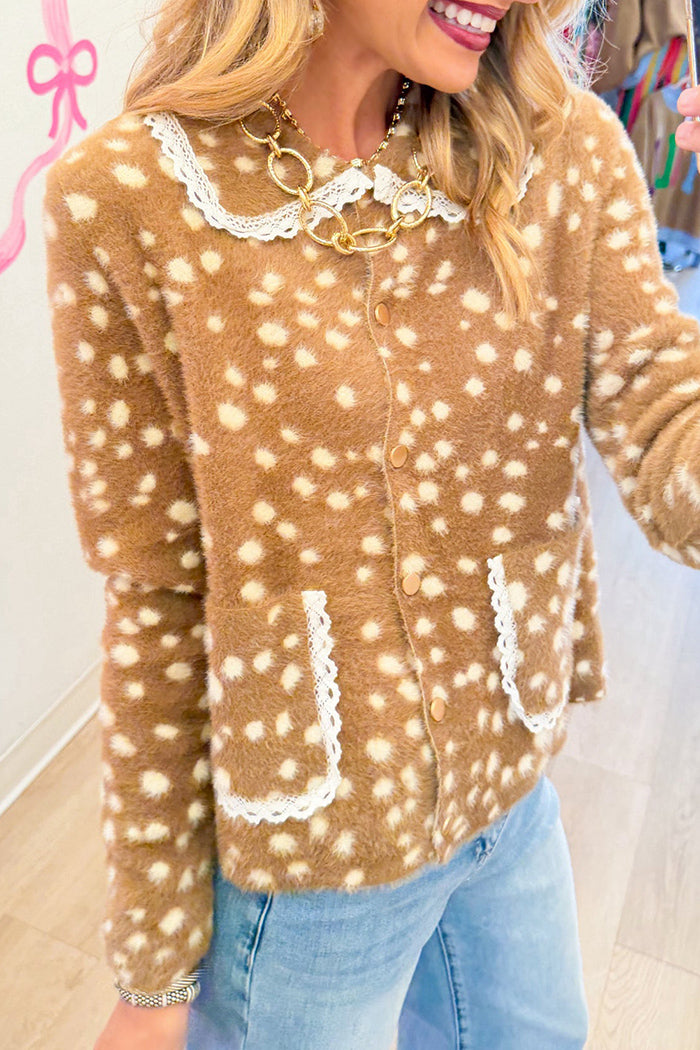 Deer Print Lace Trim Button Cardigan