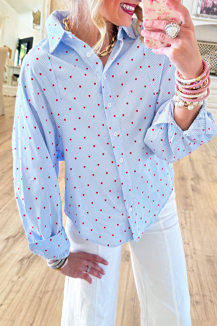 Stripe Heart Print Button Up Top