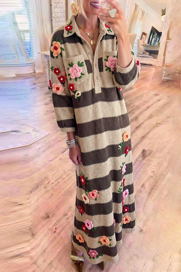 Brown Stripe Knit Collared Crochet Floral Embroidery Maxi Dress