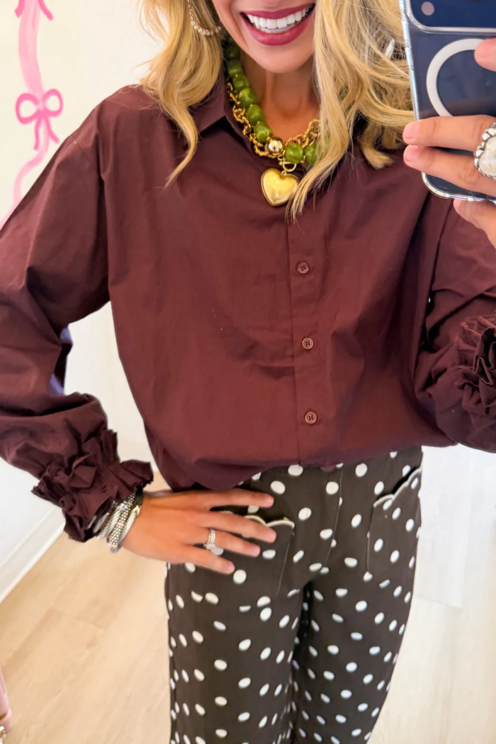 Brown Ruffle Detail Button Up Top