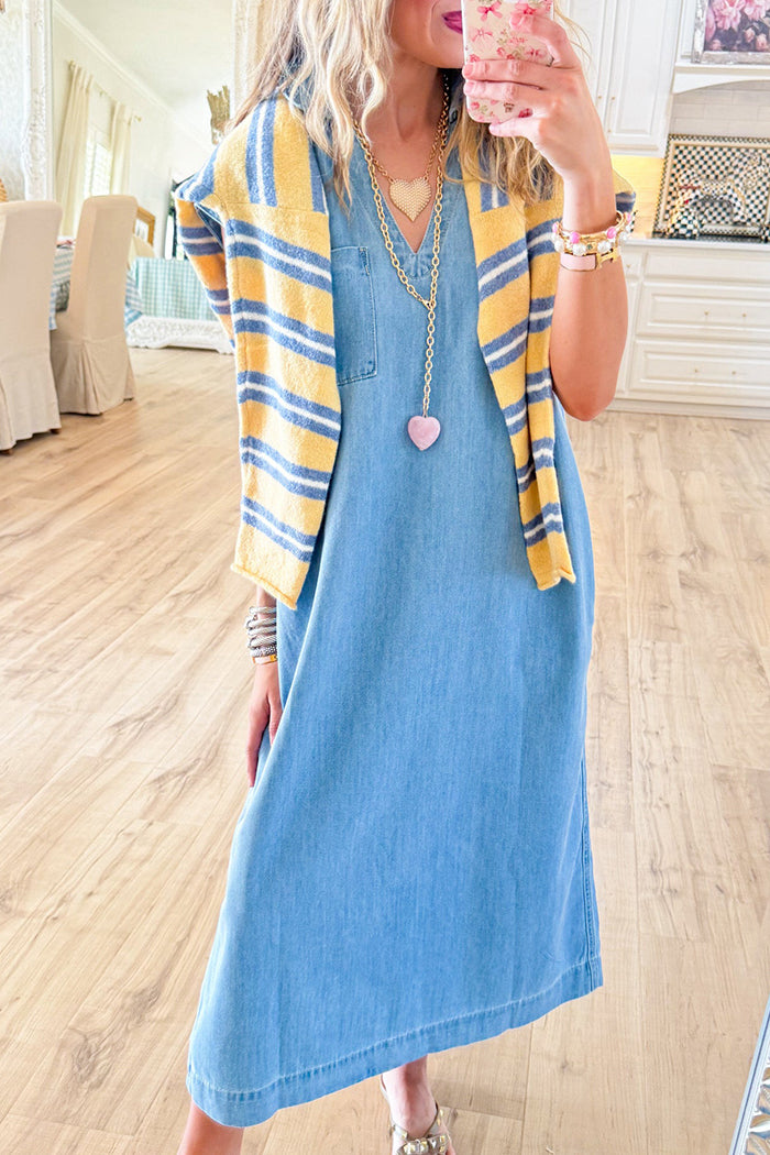 Chest Pocket Short Sleeve Denim Dress