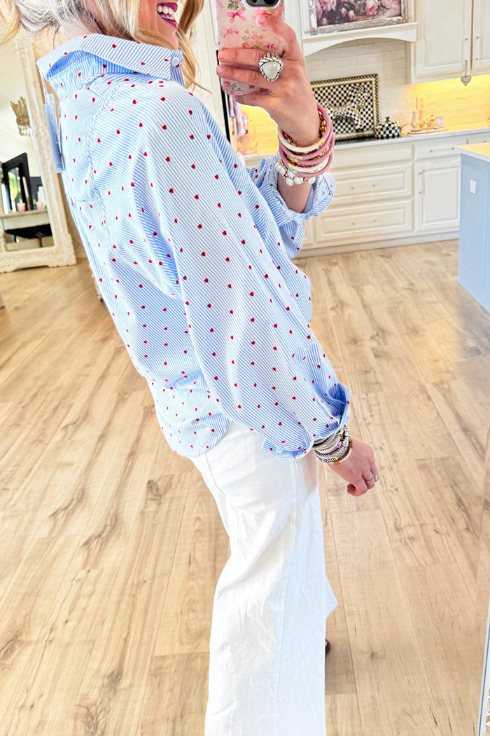 Stripe Heart Print Button Up Top
