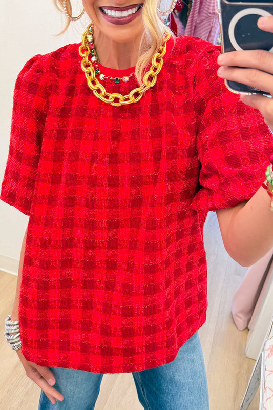 Red Gingham Bubble Sleeve Top