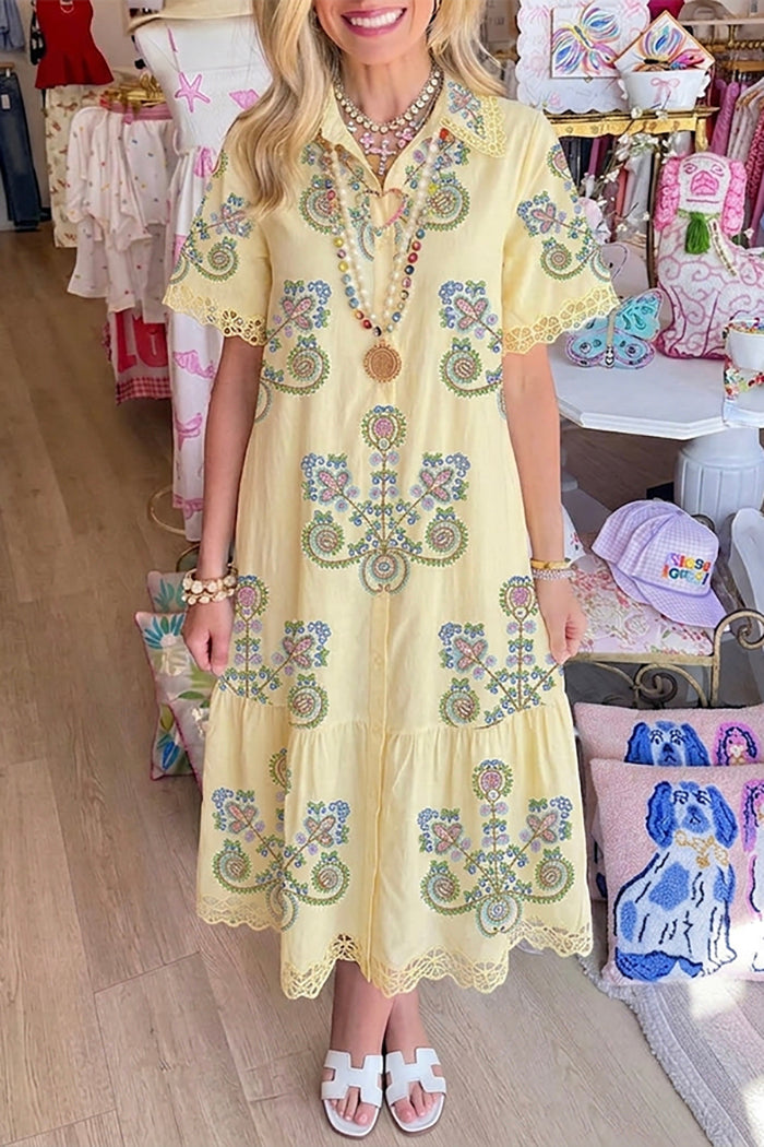 Boho Floral Lace Hem Tiered Shirt Dress