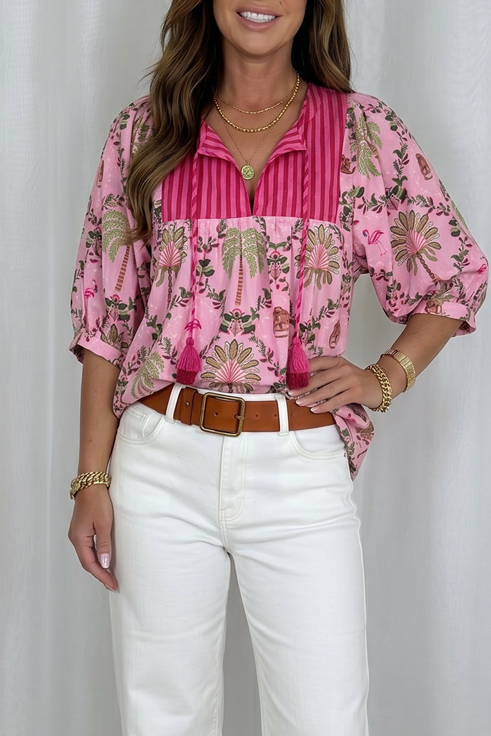 Pink Tropical Print Striped Top